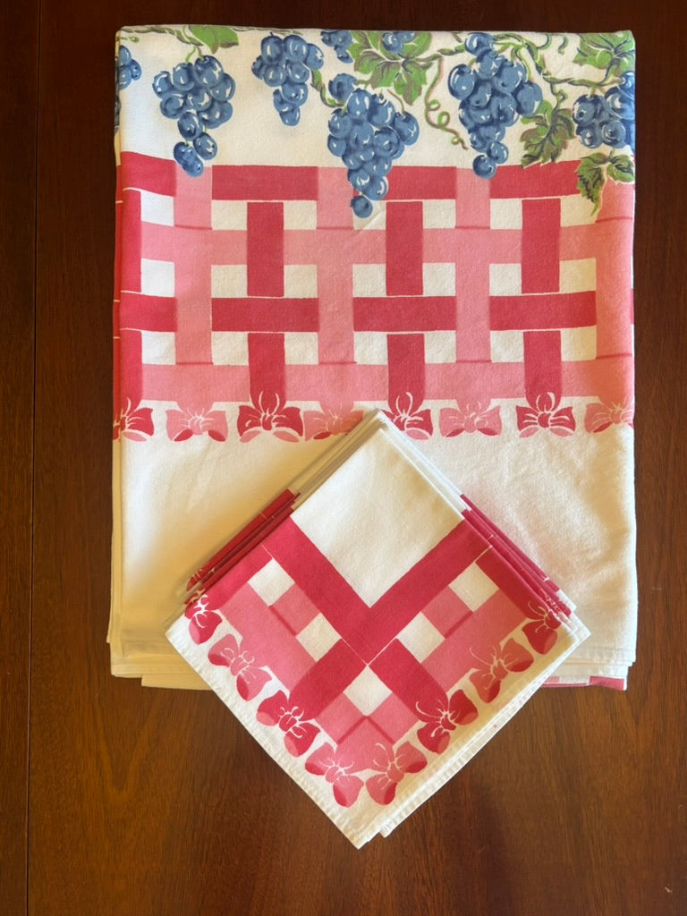 Vintage Tablecloth & Napkin Set | Red Lattice & Floral Border | Mid-Century Cotton | 56 x 72 with 8 Napkins