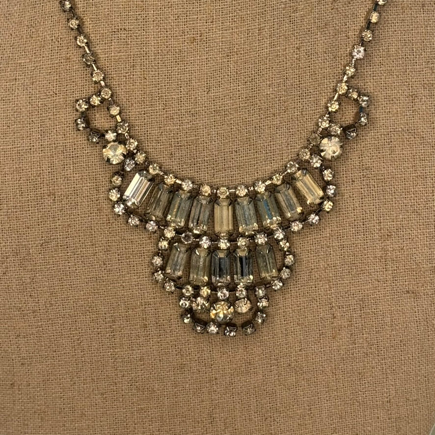 Vintage 1950s Rhinestone Bib Necklace Silver Tone Baguette Statement Glam