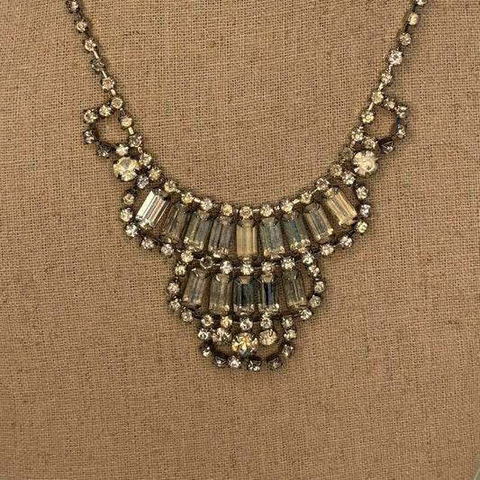 Vintage 1950s Rhinestone Bib Necklace Silver Tone Baguette Statement Glam