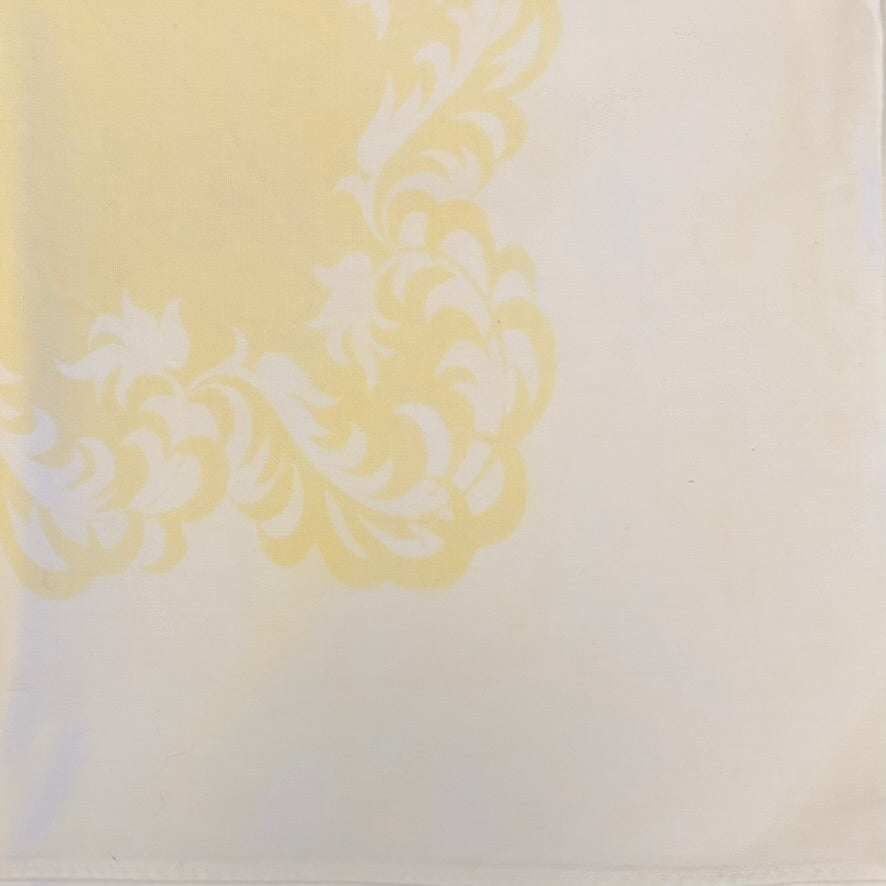 Vintage Pale Yellow Damask Tablecloth | Soft Washed Cotton Blend | Tonal Scroll Border | 48 x 52