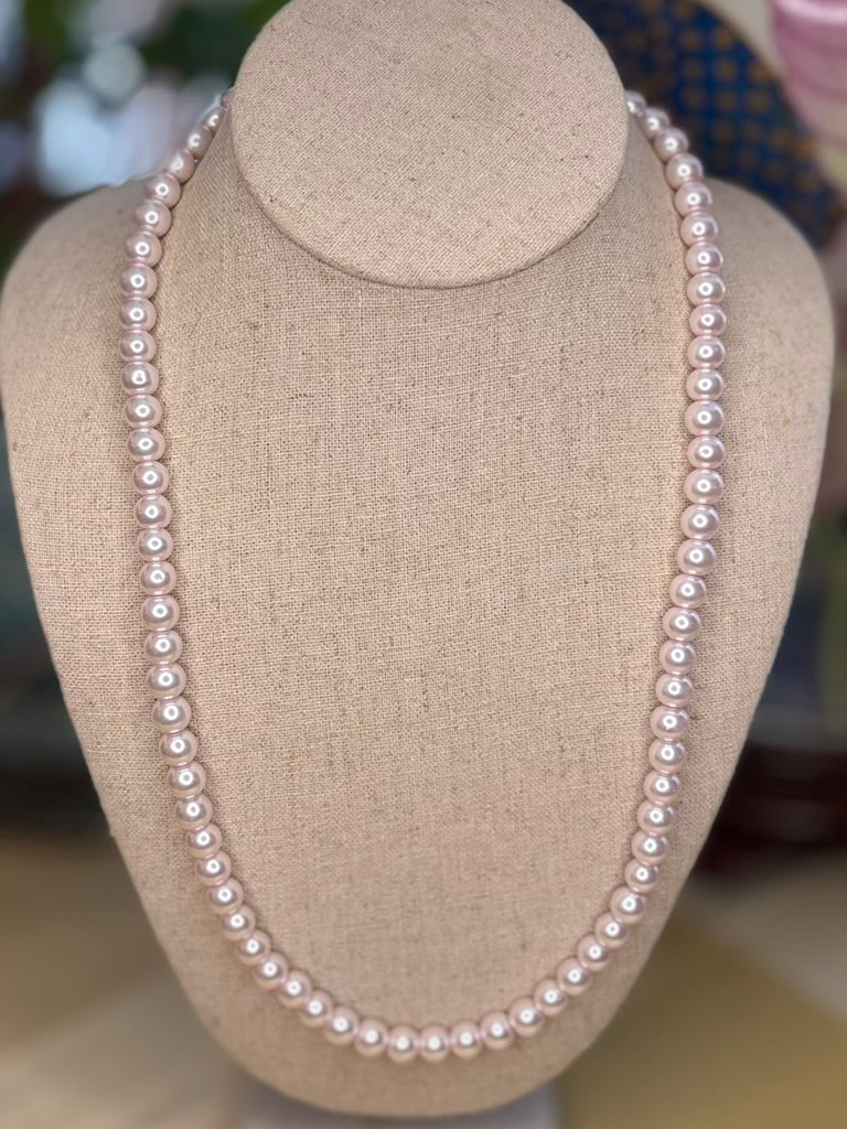 Blush Faux Pearl Strand Necklace 23” Soft Pink Classic Layering Necklac