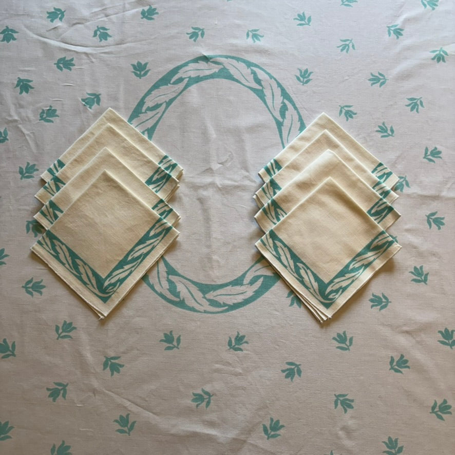 Vintage Mid-Century Teal Laurel Wreath Tablecloth Set | Graphic Border Cloth with 8 Matching Napkins