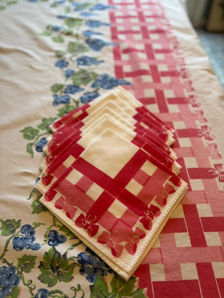 Vintage Tablecloth & Napkin Set | Red Lattice & Floral Border | Mid-Century Cotton | 56 x 72 with 8 Napkins