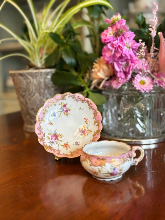 Vintage Cabinet Demitasse Cup & Saucer Pair | Romantic Floral Porcelain | Victorian to Edwardian Style