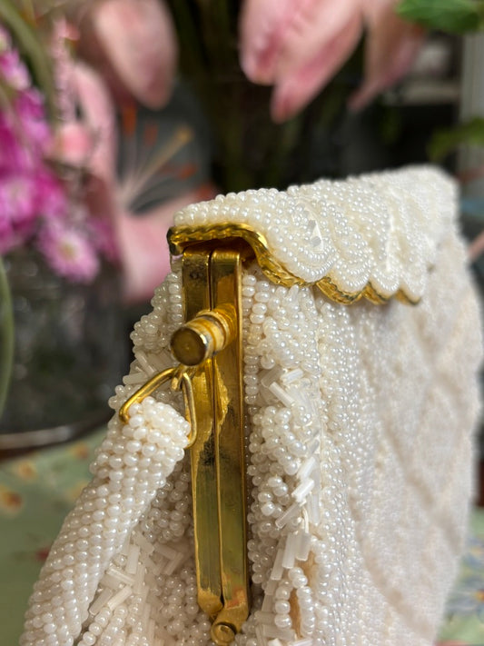 Vintage Ivory Beaded Evening Bag | Bugle Bead Chevron Pattern | Scalloped Pearl Flap | Mid-Century Formal Purse