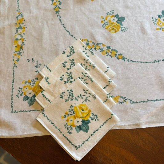 Vintage 1950s Yellow Rose Bridge Tablecloth Set | Mid-Century Floral Cloth with 4 Matching Napkins