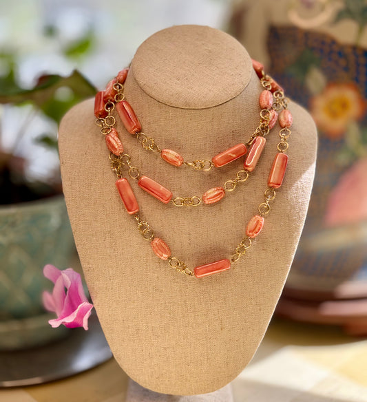 Vintage Mid-Century Faux Coral Resin Endless Station Necklace