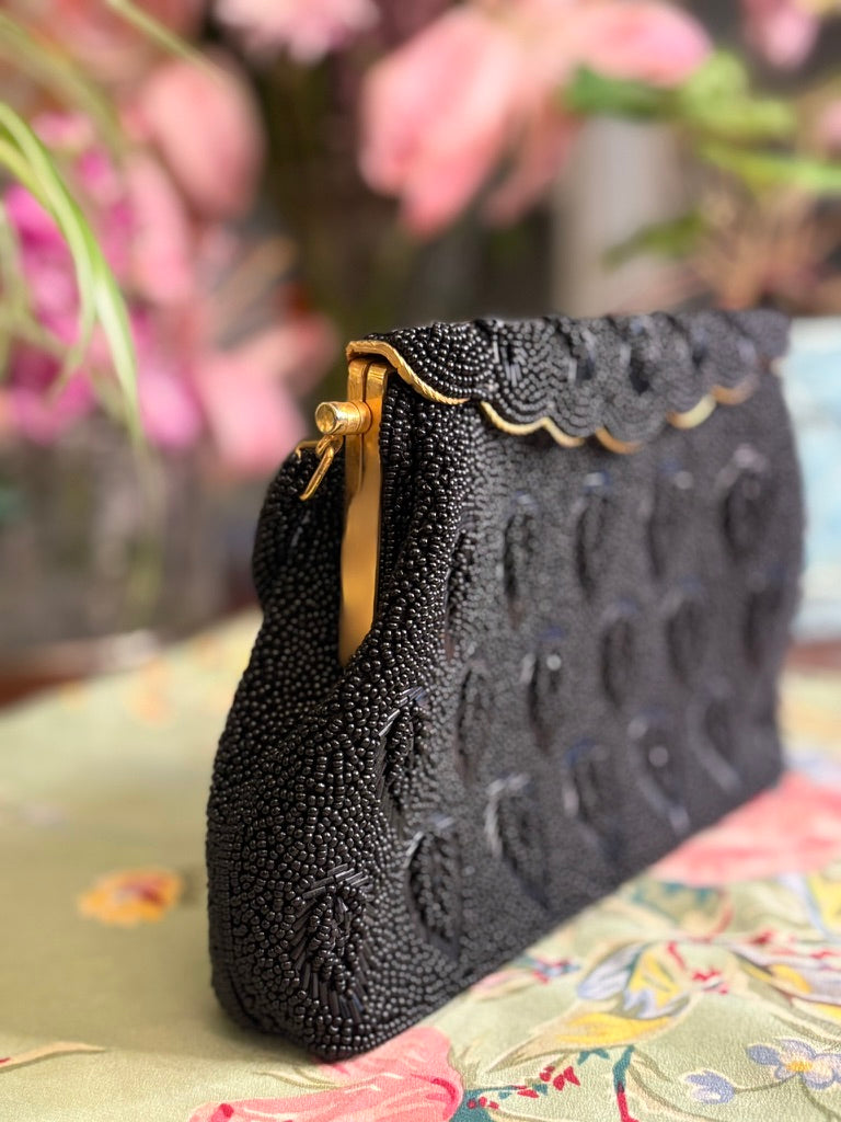 Vintage Black Glass Beaded Evening Bag | Leaf Motif | Gold Frame Top Handle | 1960s Cocktail Purse