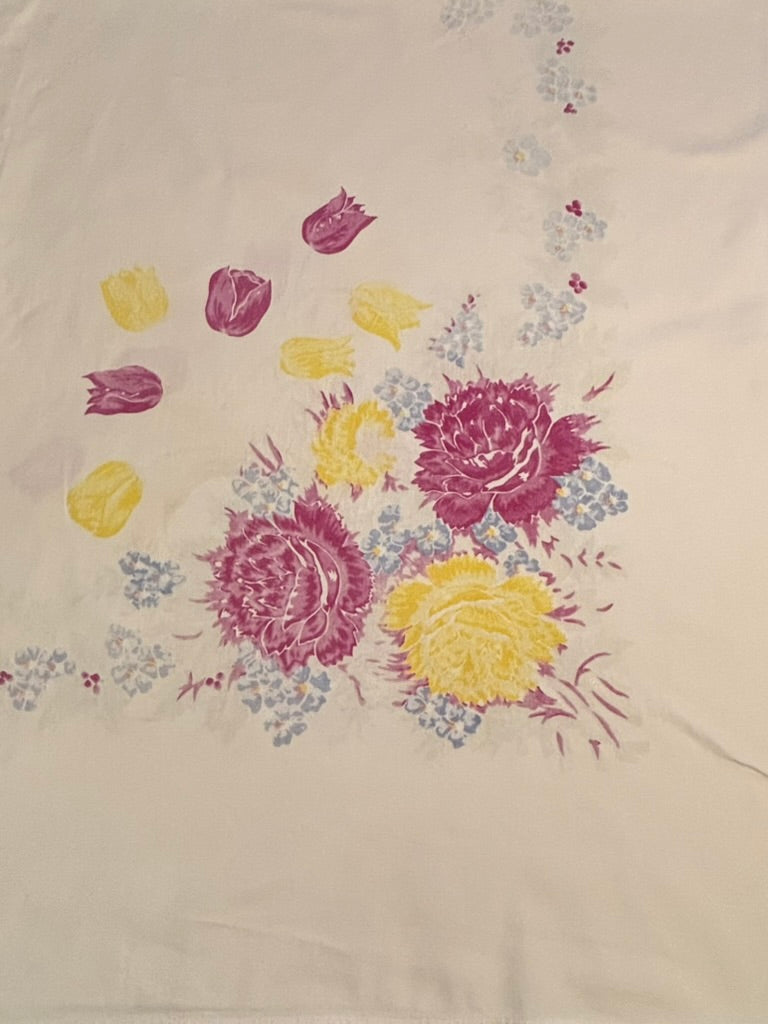 Vintage Floral Tablecloth | Pink & Yellow Peony Print with Blue Accents | Soft Cottage Garden Style | 56 x 70