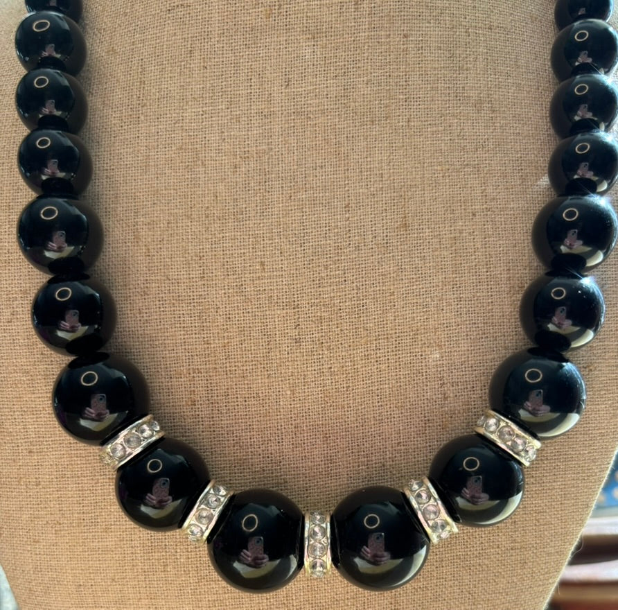 Black Graduated Bead Necklace with Rhinestone Spacers