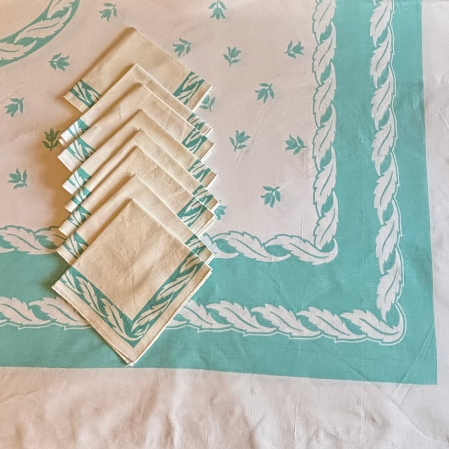 Vintage Mid-Century Teal Laurel Wreath Tablecloth Set | Graphic Border Cloth with 8 Matching Napkins