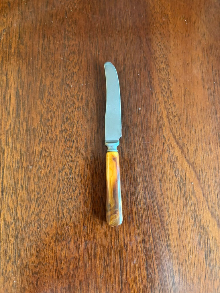 Vintage “Dinkee” Knife Set in Original Box | Mid-Century Butter & Fruit Spreaders | Marbled Bakelite Handles (Set of 6)