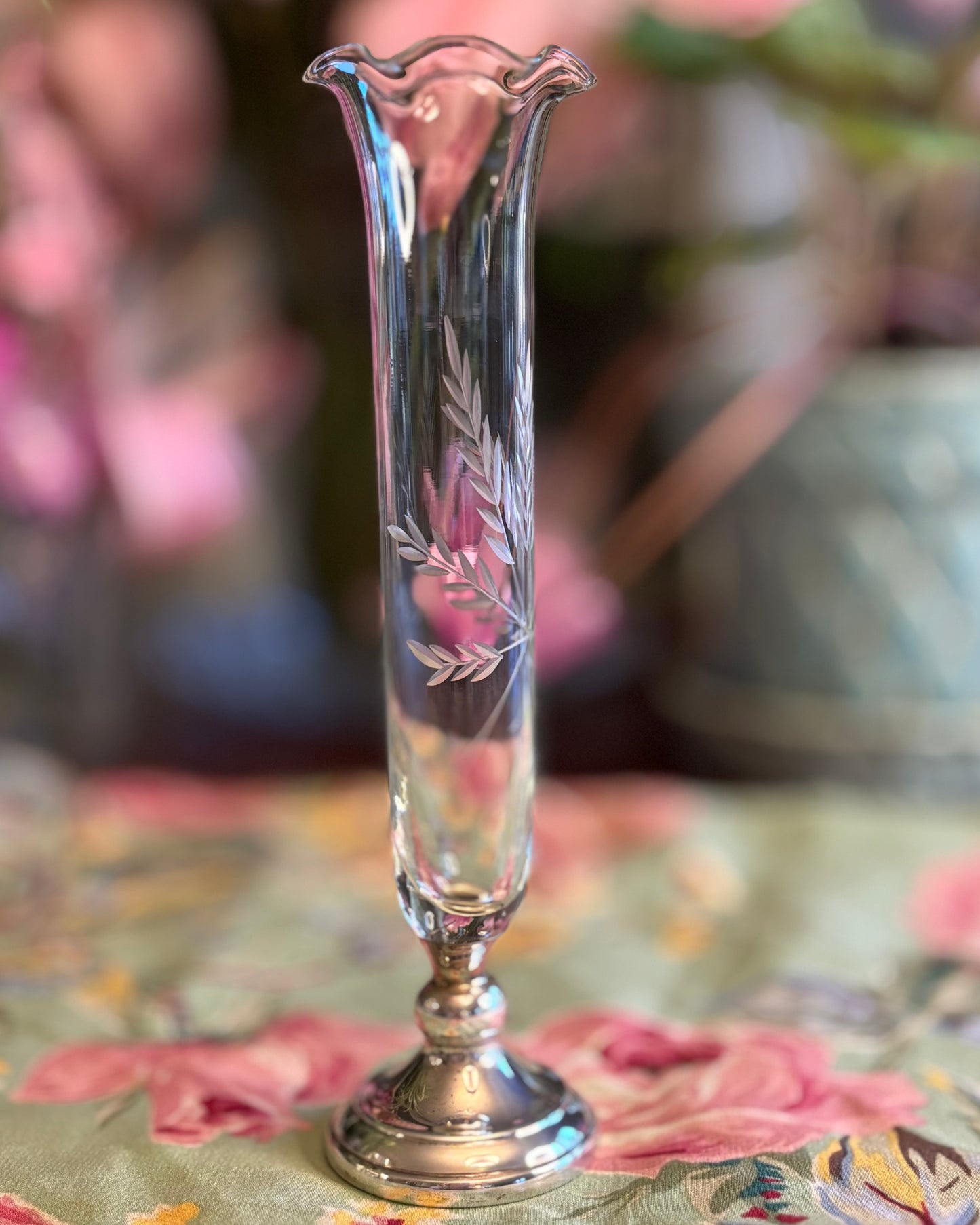 Vintage Webster Sterling Bud Vase with Etched Glass Wheat Motif | Mid Century Silver Accent