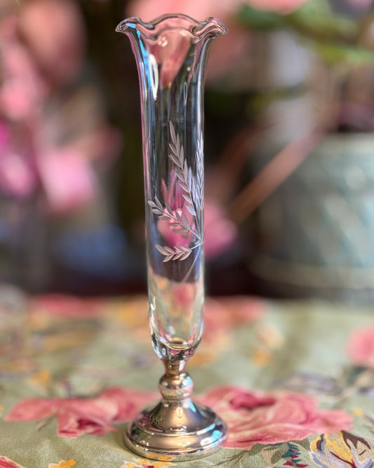 Vintage Webster Sterling Bud Vase with Etched Glass Wheat Motif | Mid Century Silver Accent