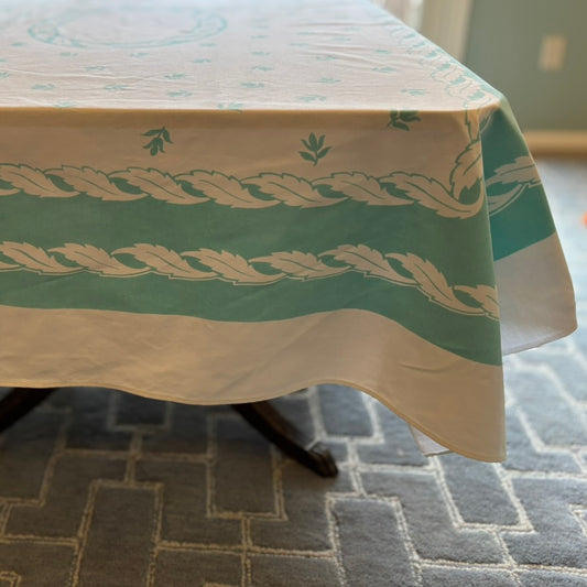 Vintage Mid-Century Teal Laurel Wreath Tablecloth Set | Graphic Border Cloth with 8 Matching Napkins