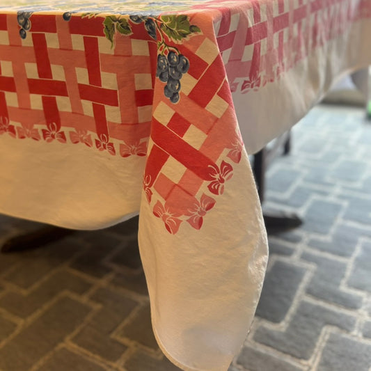 Vintage Tablecloth & Napkin Set | Red Lattice & Floral Border | Mid-Century Cotton | 56 x 72 with 8 Napkins