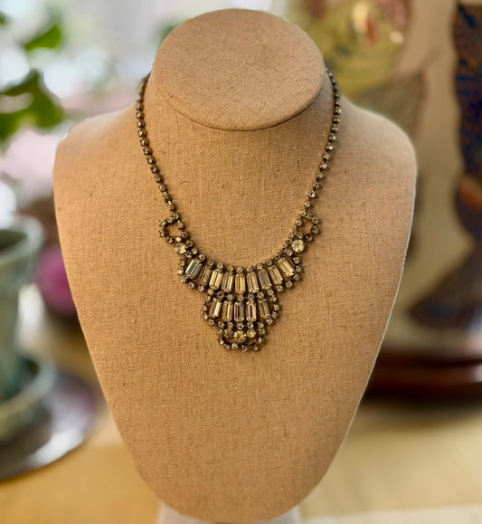 Vintage 1950s Rhinestone Bib Necklace Silver Tone Baguette Statement Glam