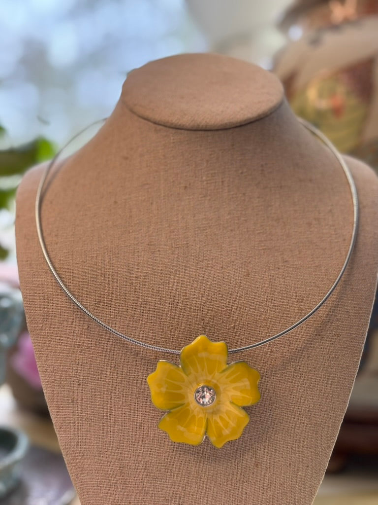 Vintage Yellow Enamel Floral Jewelry Set | Necklace, Bracelet & Earrings | Mid-Century Rhinestone Parure
