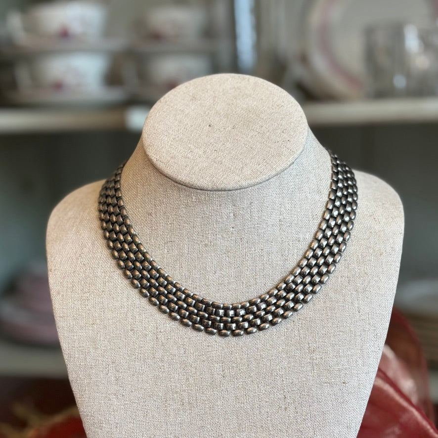 Vintage Silver Tone Chainmail Necklace | 5 Strand Brick Link Collar Statement Necklace