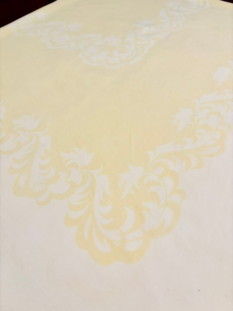 Vintage Pale Yellow Damask Tablecloth | Soft Washed Cotton Blend | Tonal Scroll Border | 48 x 52