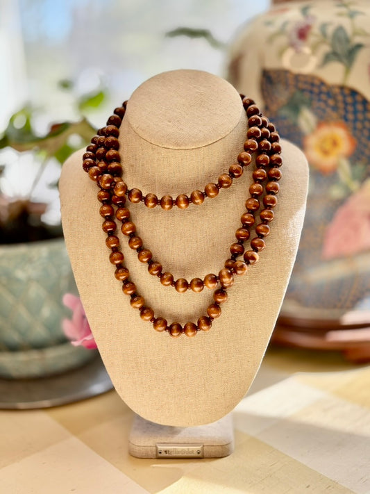 Vintage 1970s Wooden Bead Necklace | Long Single Strand Natural Wood | Boho Classic