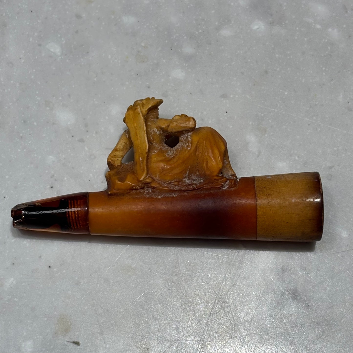 Antique Austrian Figural Meerschaum Pipe with Mythological Satyr & Reclining Woman | Original Amberoid Mouthpiece & Leather Case | c. 1890–1910