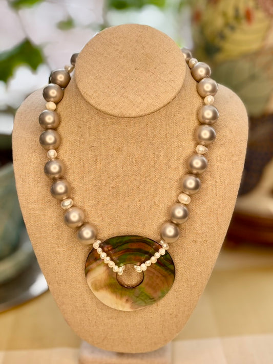 Grey Glass Pearl Statement Necklace with Abalone Shell Donut Pendant