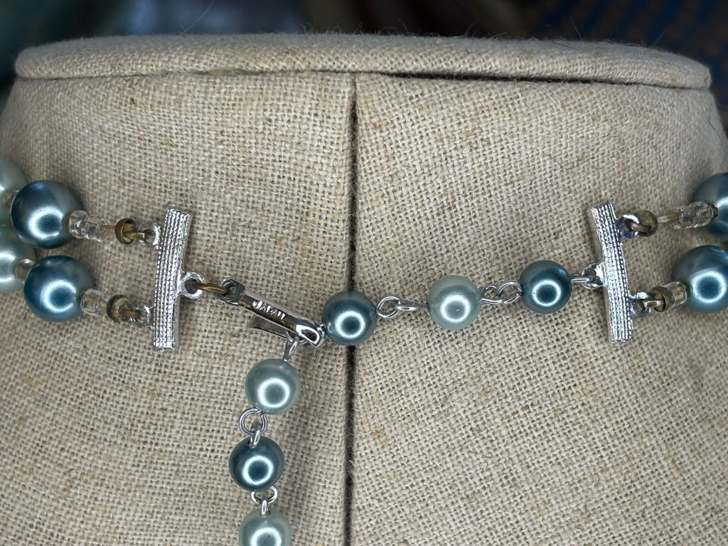 Vintage Japanese Double Strand Faux Pearl Necklace in Seafoam and Teal