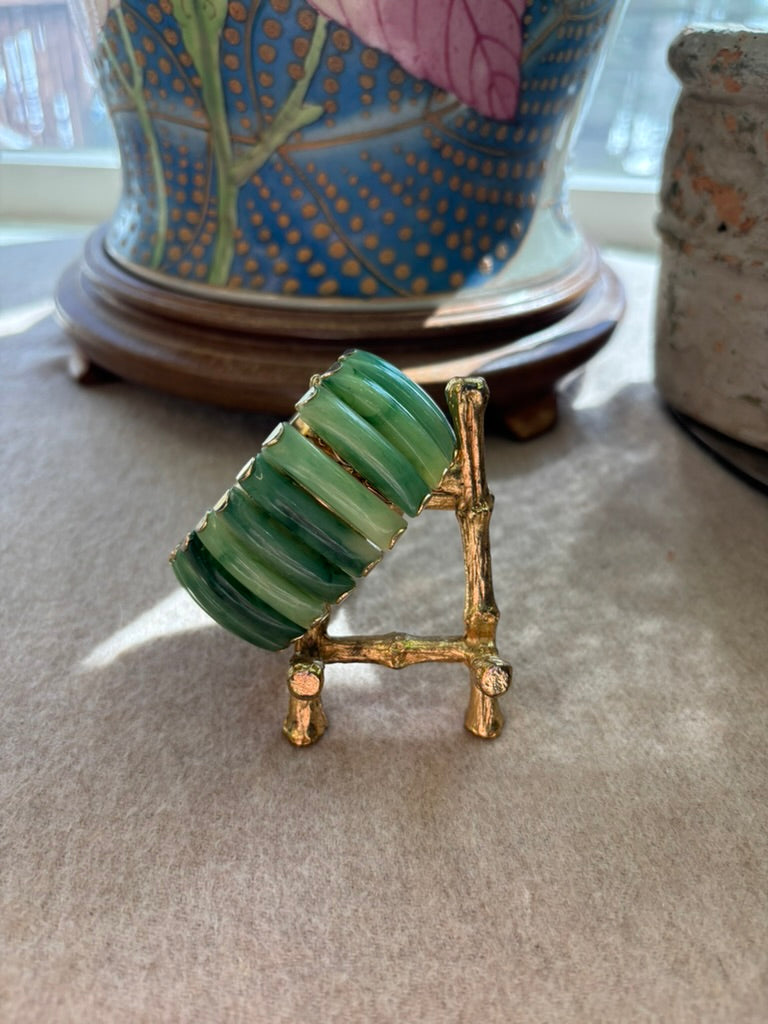 Vintage Hong Kong Jade-Look Lucite Link Bracelet | Mid-Century Gold Tone Statement