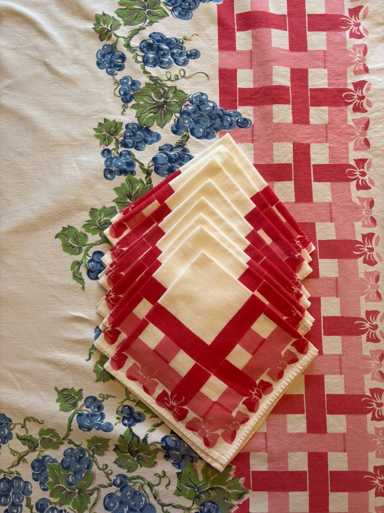 Vintage Tablecloth & Napkin Set | Red Lattice & Floral Border | Mid-Century Cotton | 56 x 72 with 8 Napkins