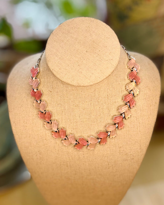 Vintage Coro Thermoset Floral Necklace & Earrings Set | Pink Mid-Century Demi-Parure, Signed