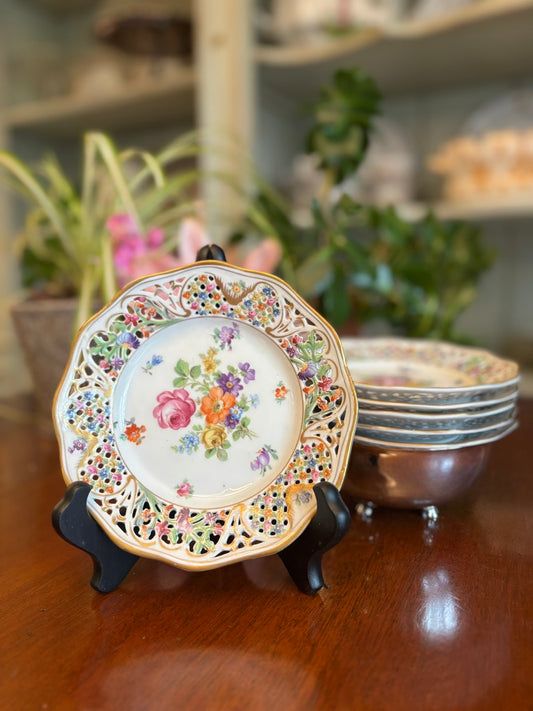 Schumann Bavaria Reticulated Floral Porcelain Plates — Set of 6, 6”