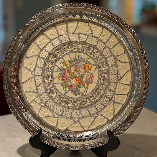 Vintage Silverplate Broken China Mosaic Tray | Handcrafted Floral Decorative Gallery Tray | 15"