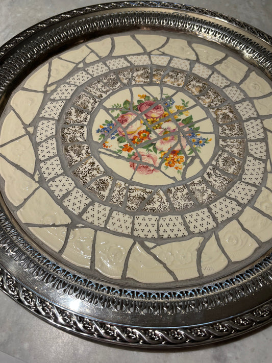 Vintage Silverplate Broken China Mosaic Tray | Handcrafted Floral Decorative Gallery Tray | 15"