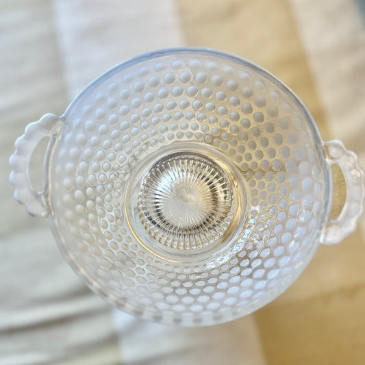 Vintage Fenton Hobnail Milk Glass Double Handled Bowl | Opalescent White Art Glass | 6"