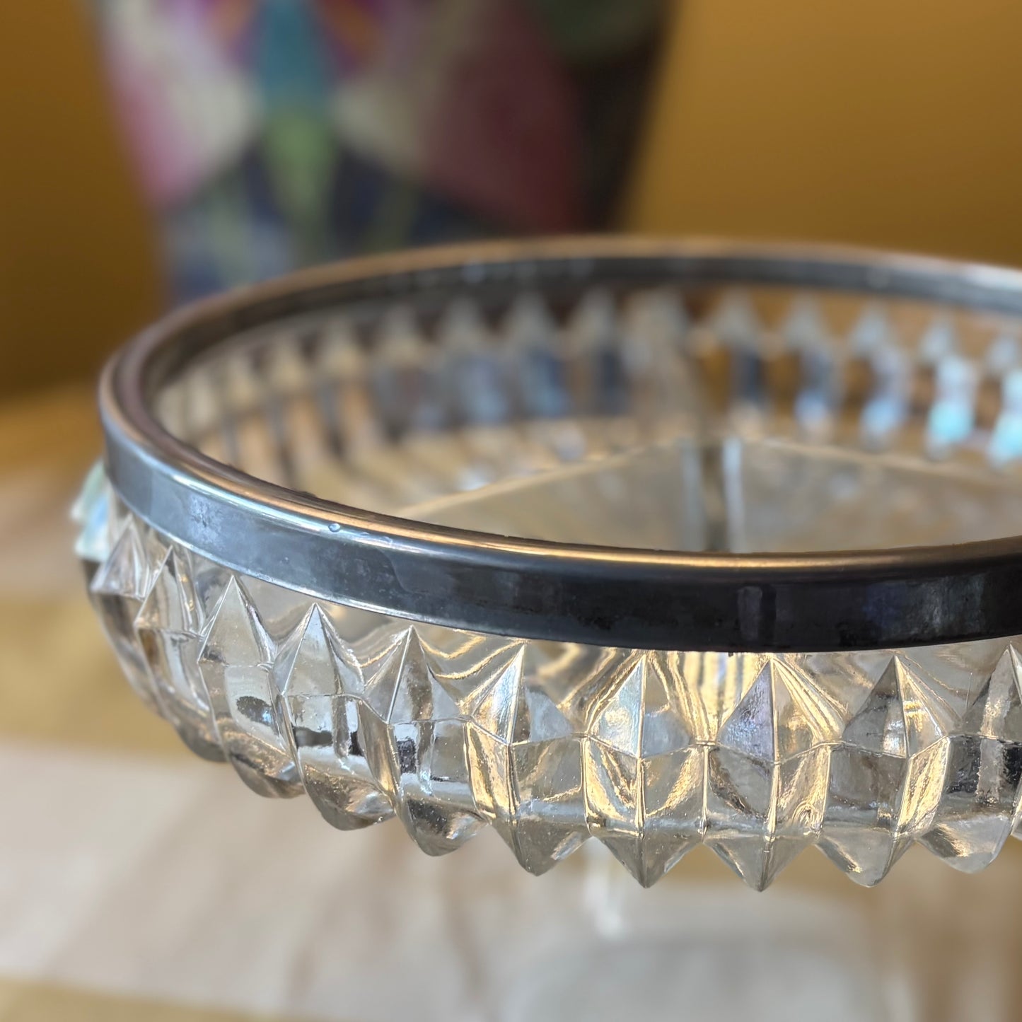 Large Heavy Pressed Glass Divided Relish Dish with Patinated Metal Rim