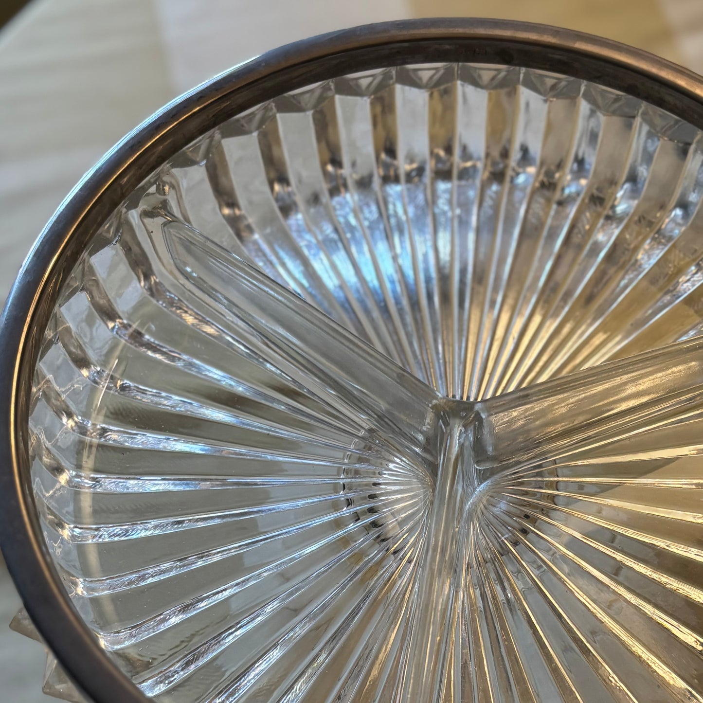 Large Heavy Pressed Glass Divided Relish Dish with Patinated Metal Rim