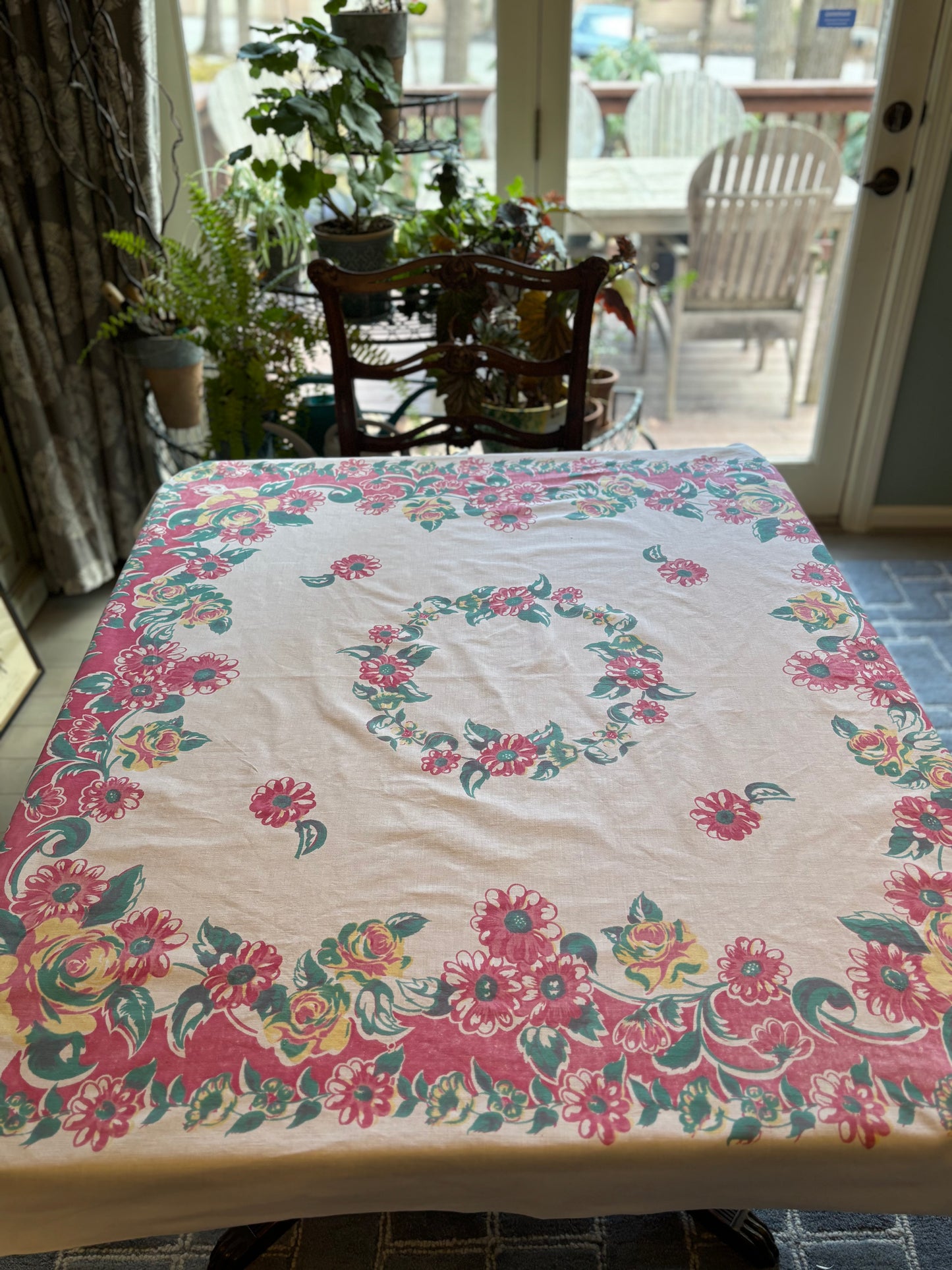 Vintage Floral Tablecloth | Cottage Garden Border with Central Wreath | Soft Washed Cotton