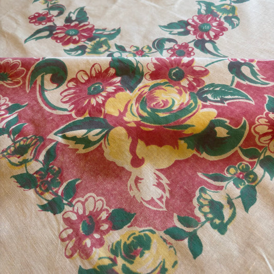 Vintage Floral Tablecloth | Cottage Garden Border with Central Wreath | Soft Washed Cotton