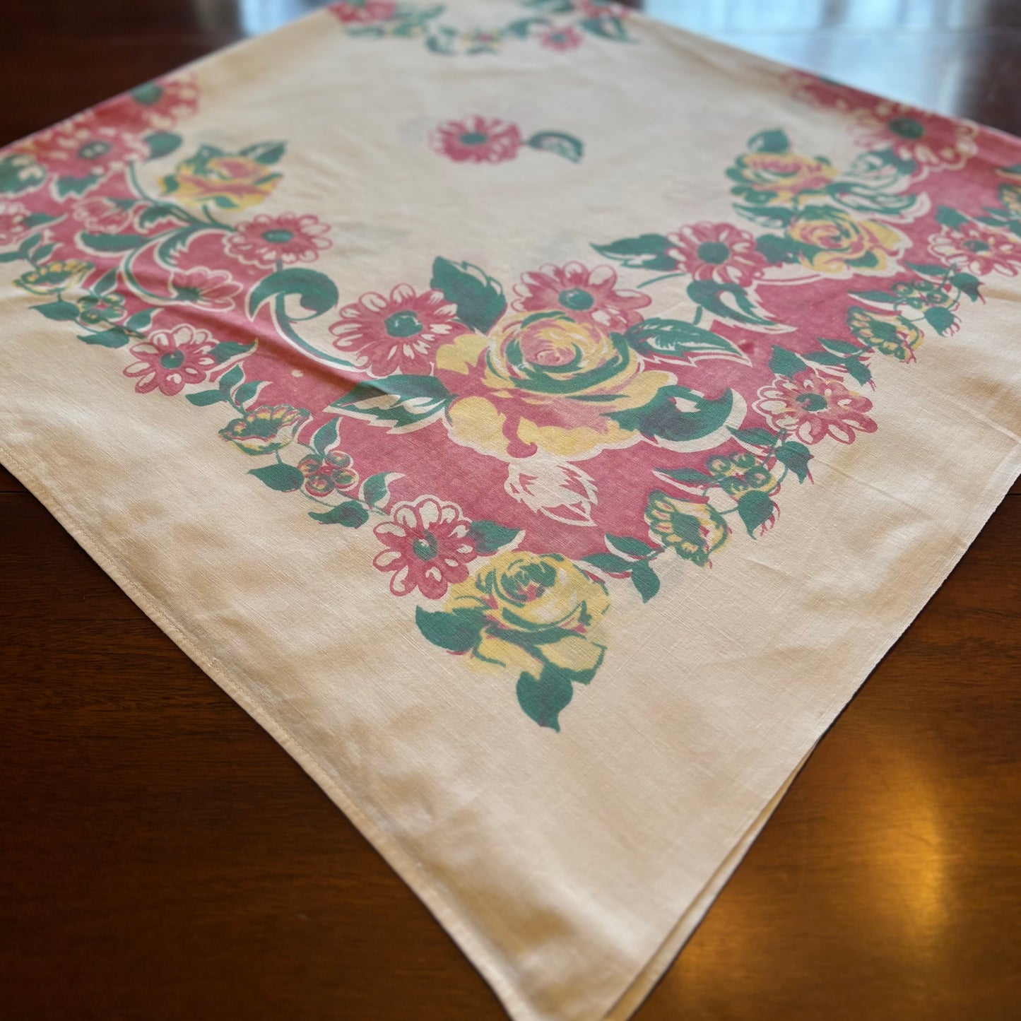 Vintage Floral Tablecloth | Cottage Garden Border with Central Wreath | Soft Washed Cotton