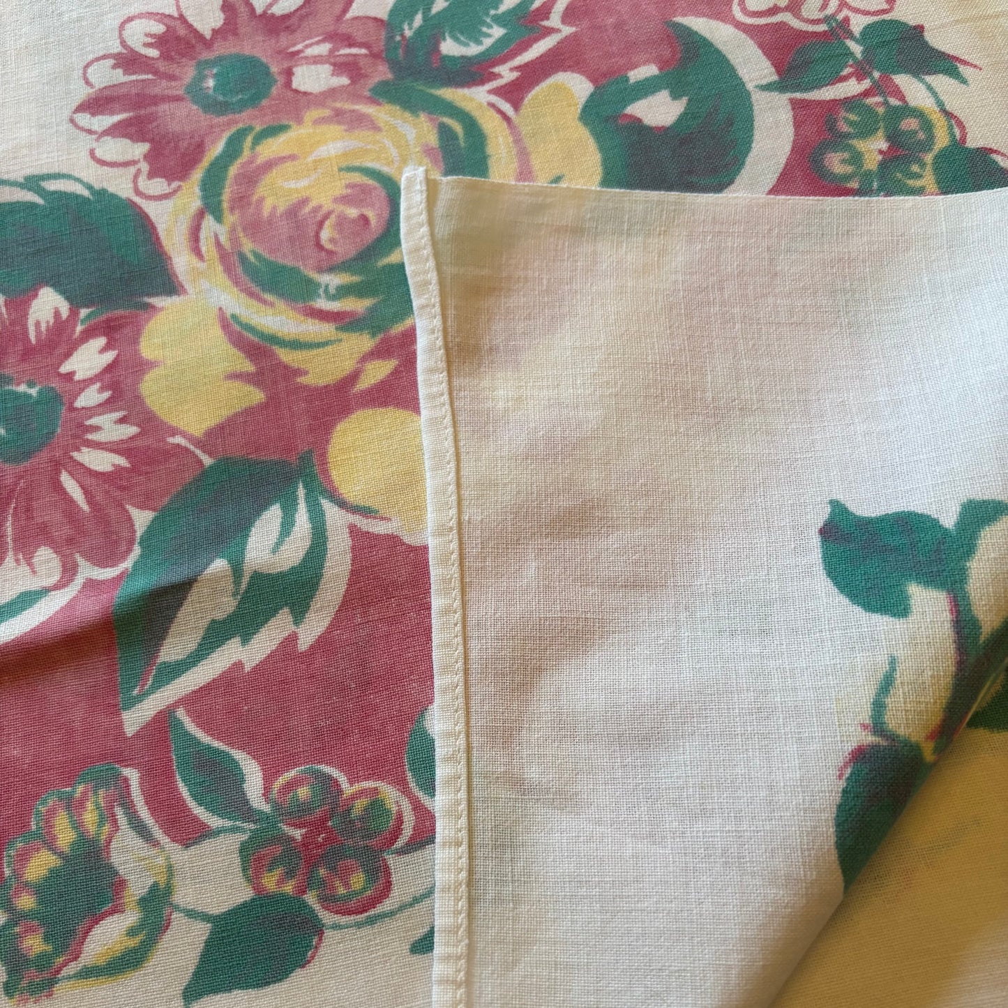 Vintage Floral Tablecloth | Cottage Garden Border with Central Wreath | Soft Washed Cotton