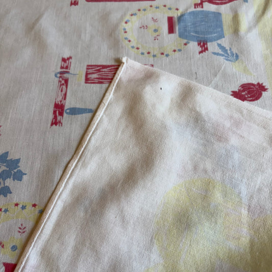 Vintage Mid-Century Kitchen Motif Tablecloth | Folk Art Utensil & Pantry Print | Red, Blue & Yellow | 43 x 44