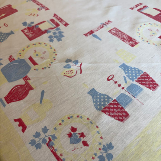 Vintage Mid-Century Kitchen Motif Tablecloth | Folk Art Utensil & Pantry Print | Red, Blue & Yellow | 43 x 44