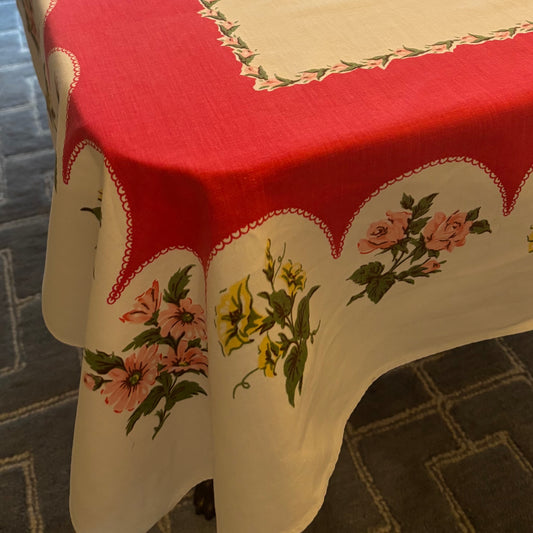 Vintage Floral Tablecloth | Red Scalloped Border with Cottage Garden Bouquets | Mid-Century Printed Linen | 50 x 61