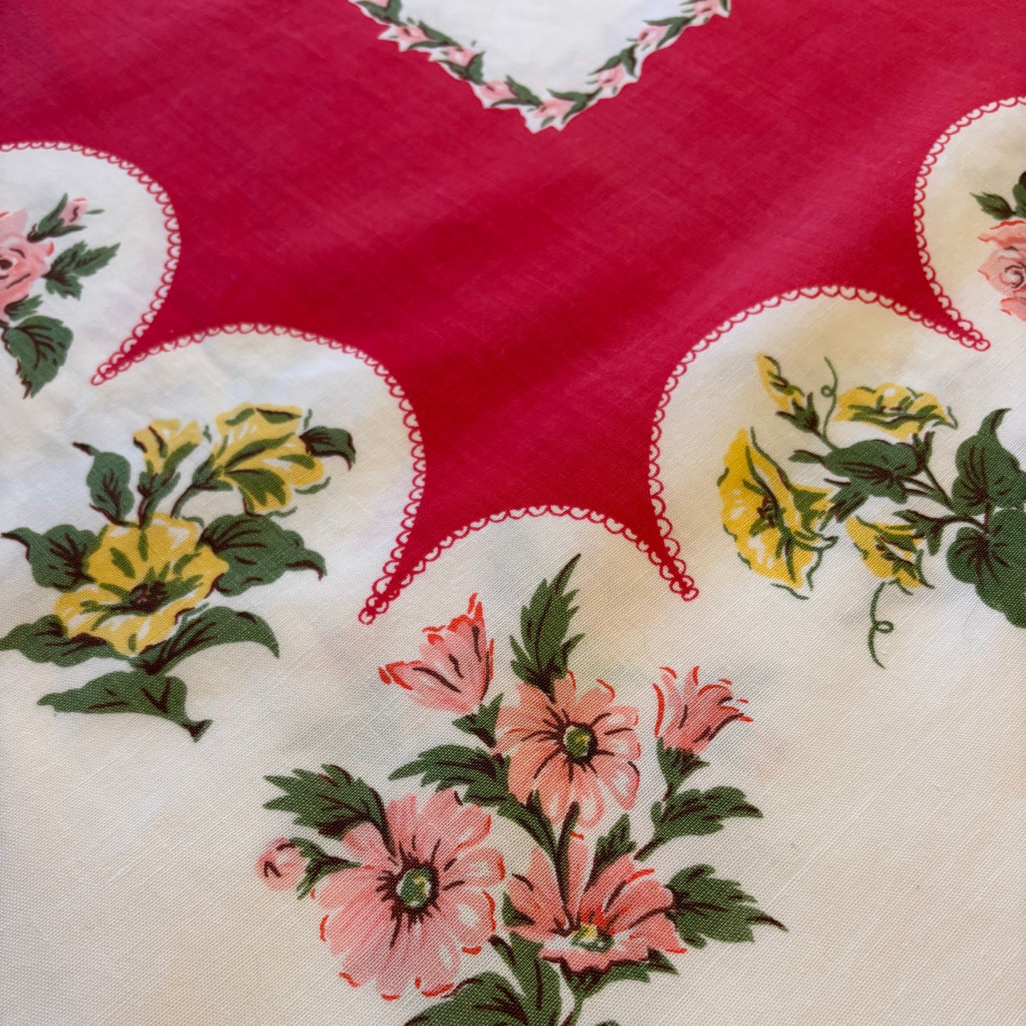 Vintage Floral Tablecloth | Red Scalloped Border with Cottage Garden Bouquets | Mid-Century Printed Linen | 50 x 61