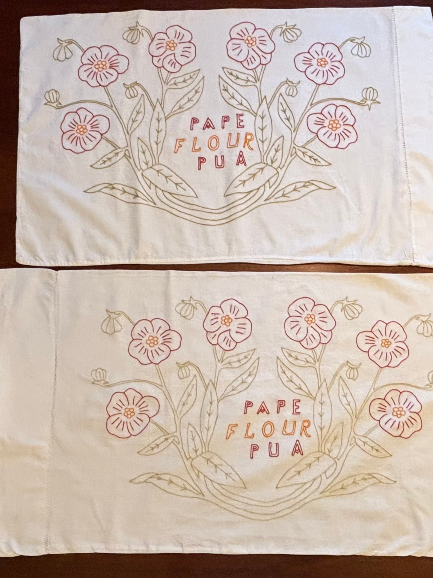 Vintage Hand-Embroidered Hawaiian Pillowcases | Set of 3 | “Aloha” & Floral Motifs | Mid-Century Textile