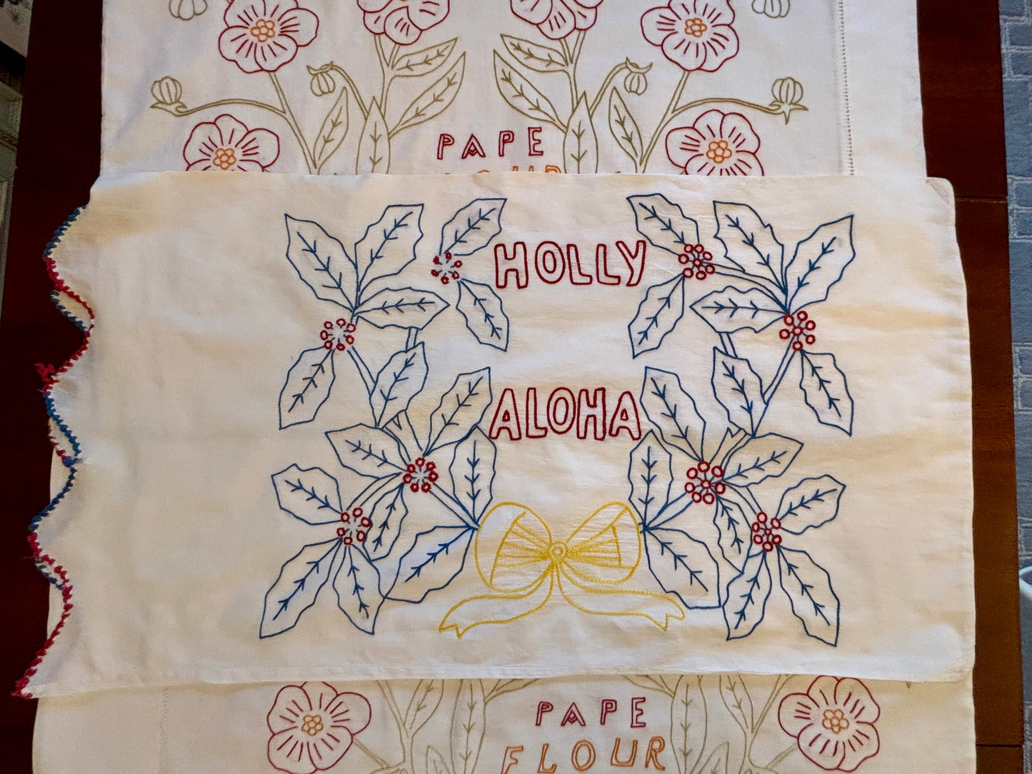 Vintage Hand-Embroidered Hawaiian Pillowcases | Set of 3 | “Aloha” & Floral Motifs | Mid-Century Textile