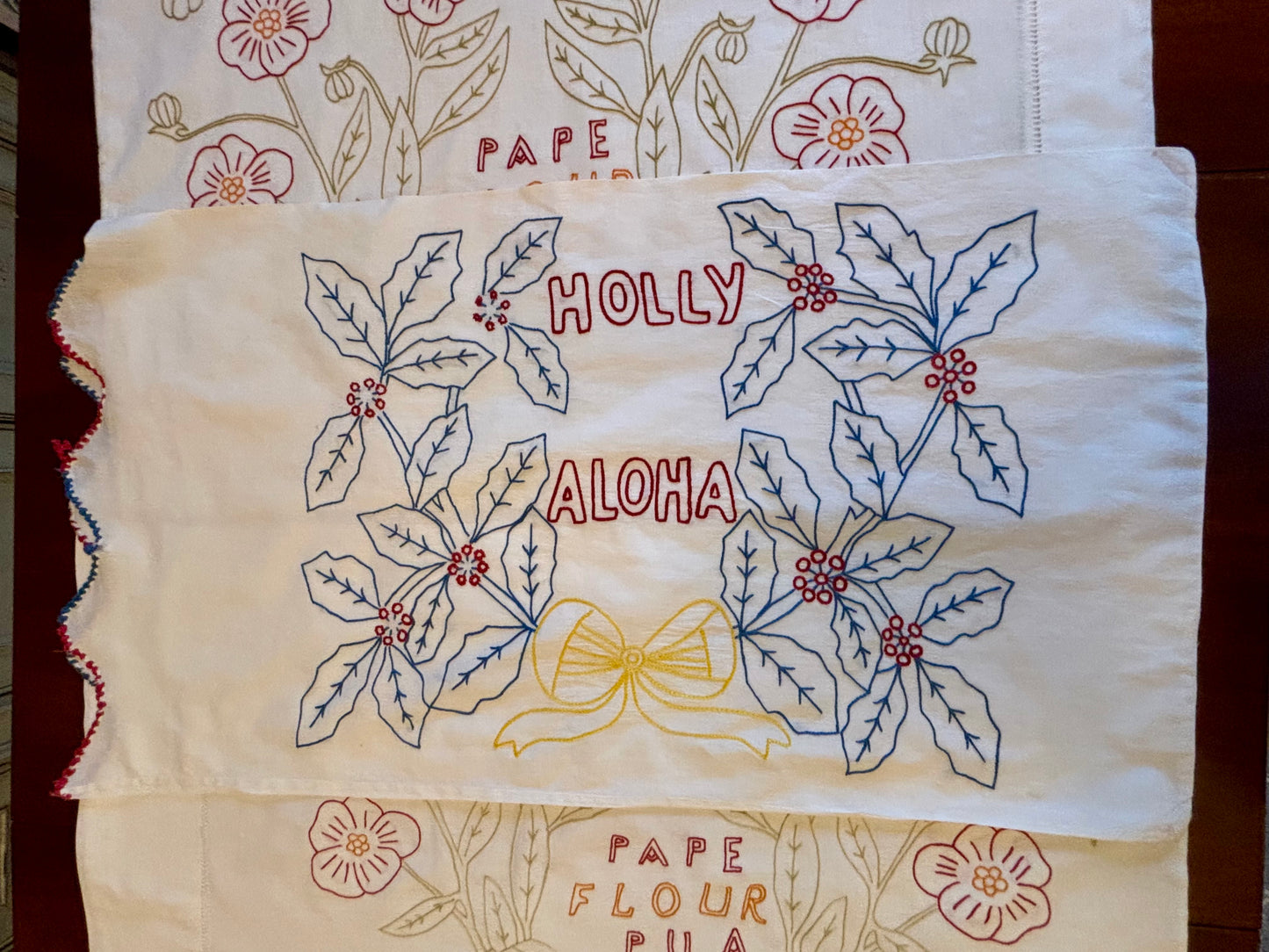 Vintage Hand-Embroidered Hawaiian Pillowcases | Set of 3 | “Aloha” & Floral Motifs | Mid-Century Textile