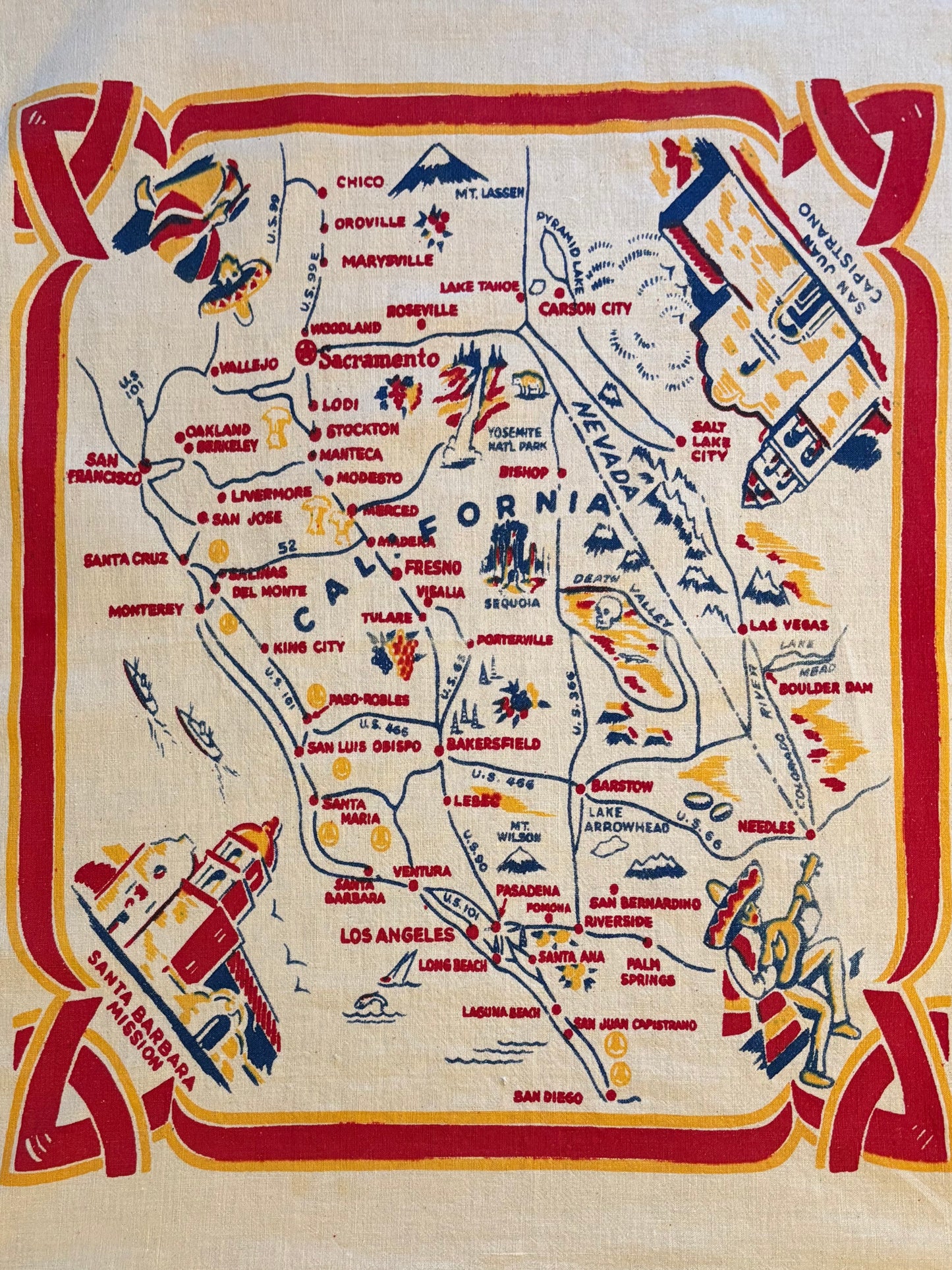 Vintage California Souvenir Linen Tablecloth | Illustrated State Map with Missions & Landmarks | Mid-Century Travel Textile