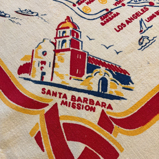 Vintage California Souvenir Linen Tablecloth | Illustrated State Map with Missions & Landmarks | Mid-Century Travel Textile